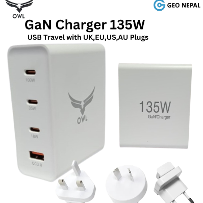 Gan Charger 135W With 4 Port ,UK,EU,US,AU Plugs, Brand Owl