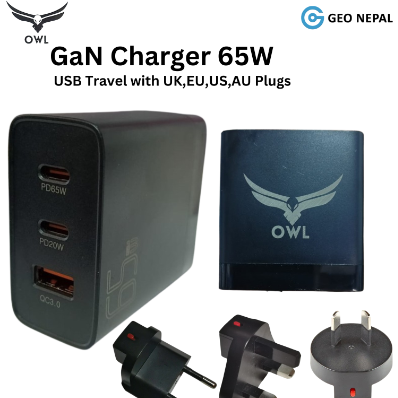 Gan Charger 65W With 4 Port ,UK,EU,US,AU Plugs, Brand Owl